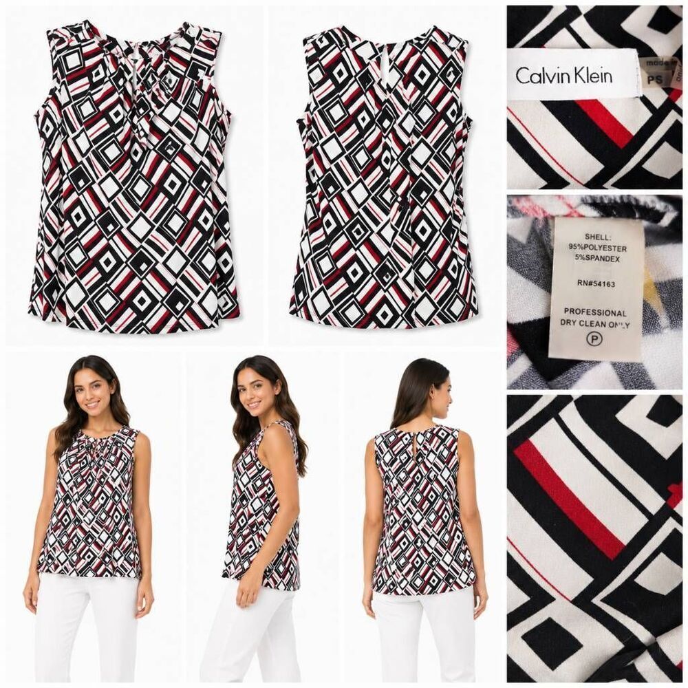 Calvin Klein PS Small Sleeveless Geo Print Top Red Black White